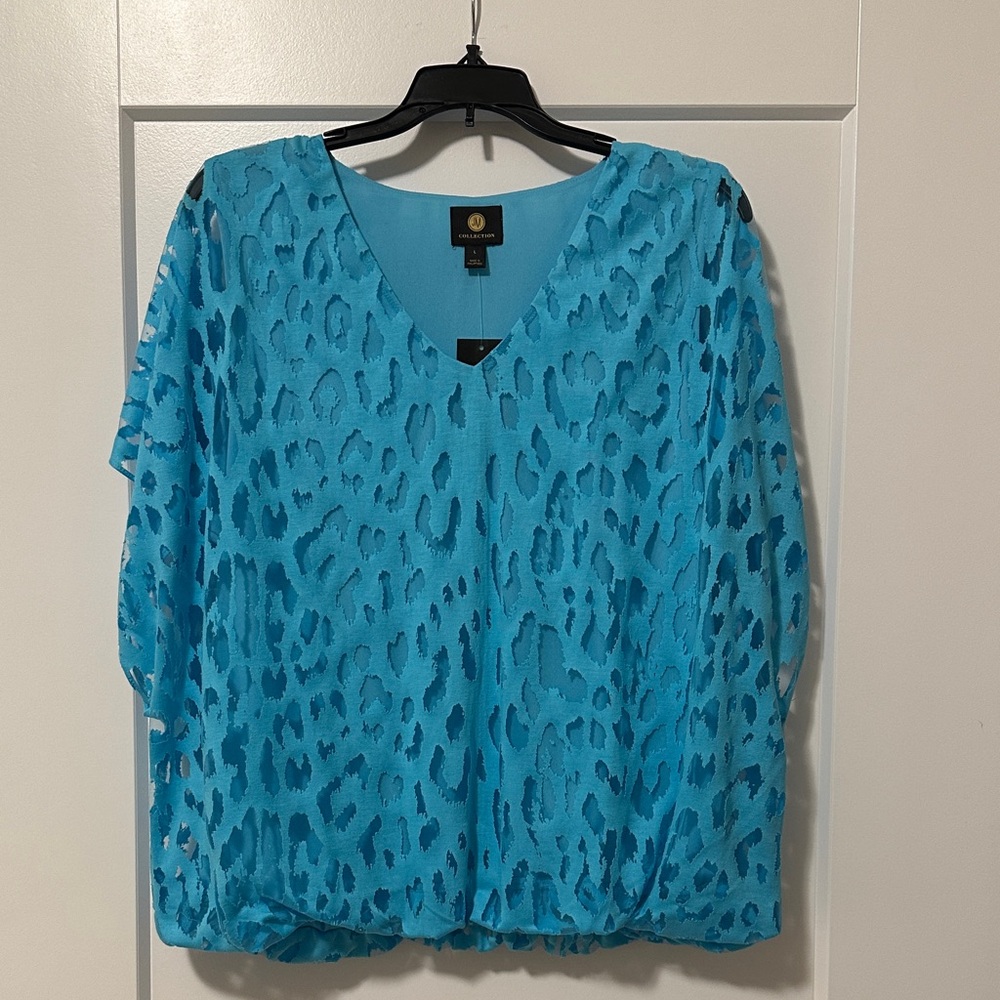 JM Collection Turquoise Leopard Print Blouse